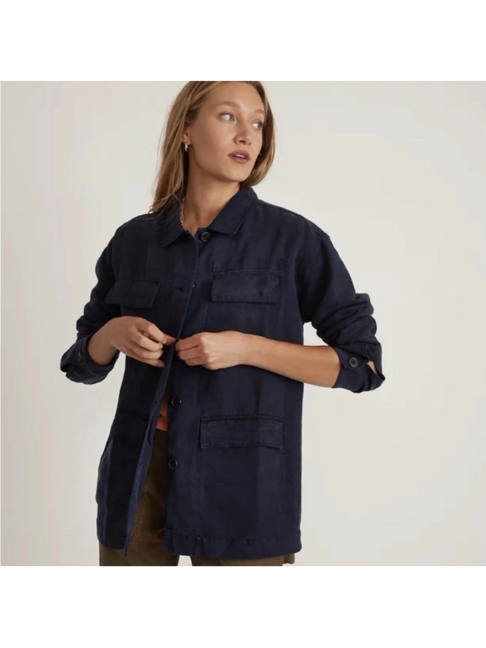 Marine Layer Zito Chore Coat Shacket Navy Womens Size S Utility Linen Blend